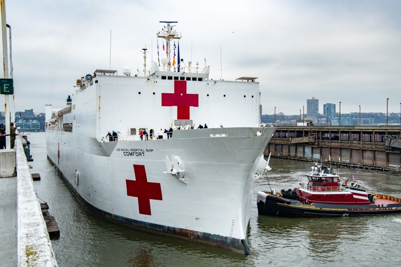 Navy hospital ship USNS Comfort docked at NYC Harbor
