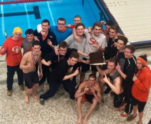 The Prep Swim team celebrates their 14th straight D10 title. 